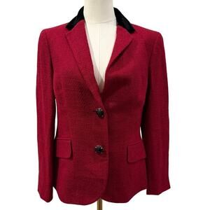 Anne Klein Burgundy Tweed Blazer Jacket Black Velvet Collar Women 6 Fall Office